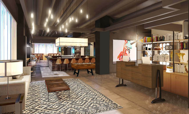 A rendering of a public space inside the new Moxy New Orleans.