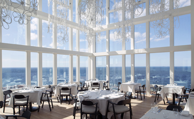 Fogo Island Inn’s glass-fronted dining room in Canada.