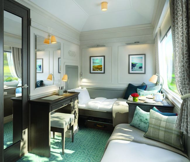 A rendering of one of the cabins on the new Belmond Grand Hibernian sleeper train debuting this August in Ireland. 