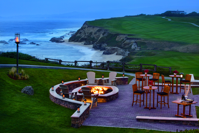 The fire pit on the ocean terrace at the Ritz-Carlton, Half Moon Bay in San Francisco.