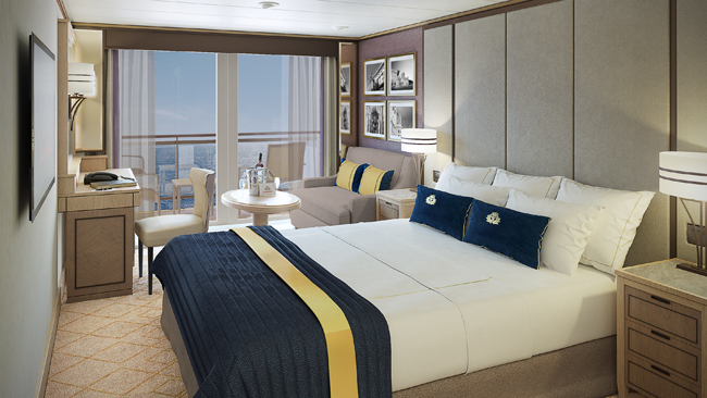 A rendering of the Britannia Club Balcony stateroom on Cunard's Queen Mary 2.