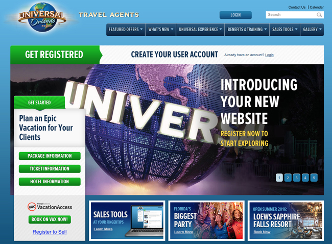 A screenshot of Universal Orlando's redesigned travel agent website.
