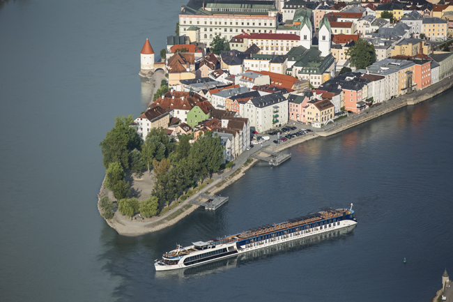 An aerial shot of the new AmaStella sailing in Passau, Germany. 
