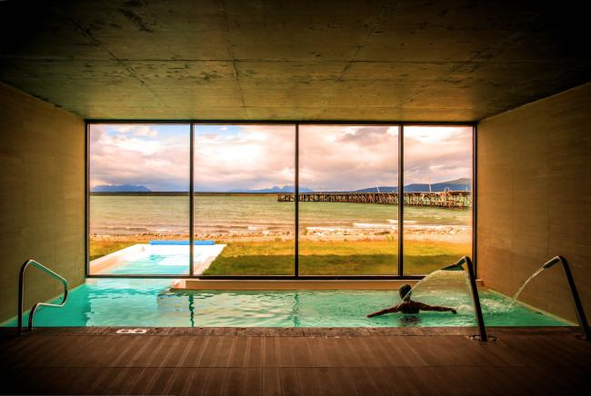 The spa pool at The Singular Patagonia in Chile.