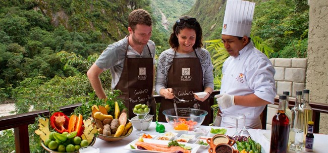 Guests participating in a Peruvian cooking class at the Sumaq Machu Picchu Hotel in Peru.