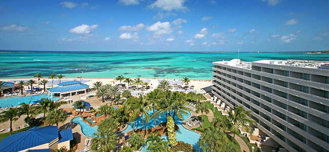 An aerial shot of of the All-inclusive Melia Nassau Beach in the Bahamas. 