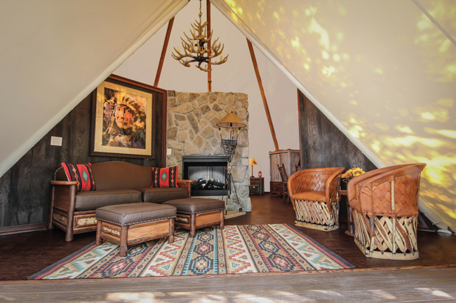 The interior of one of Westgate River Ranch Resort & Rodeo new Luxe Teepees in River Ranch, Florida.