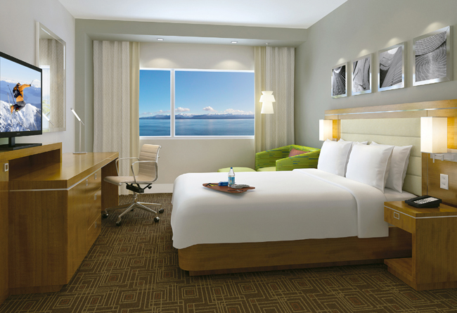 A rendering of a guestroom at the upcoming Hampton by Hilton Bariloche in Argentina.