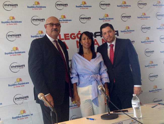 Daniel Castillo, USA Country Manager for Pawa Dominicana, Wendy Justo, director of the Dominican Republic Office of Tourism in Miami and Alexander Barrios, corporate affairs director for Pawa Domonicana at a press event in Miami to announce the launch of a new Santo Domingo-Miami service.