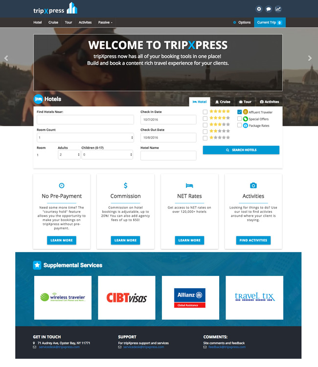 A screenshot of American Marketing Group's revamped tripXpress hotel booking platform.