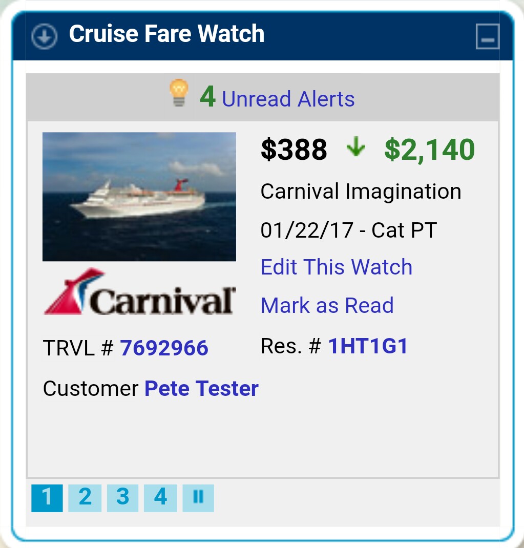 A screenshot of Dream Vacations, CruiseOne and Cruises Inc.'s new Cruise Fare Watch technology. 