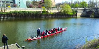 Dragon boat race on the Elbe River.