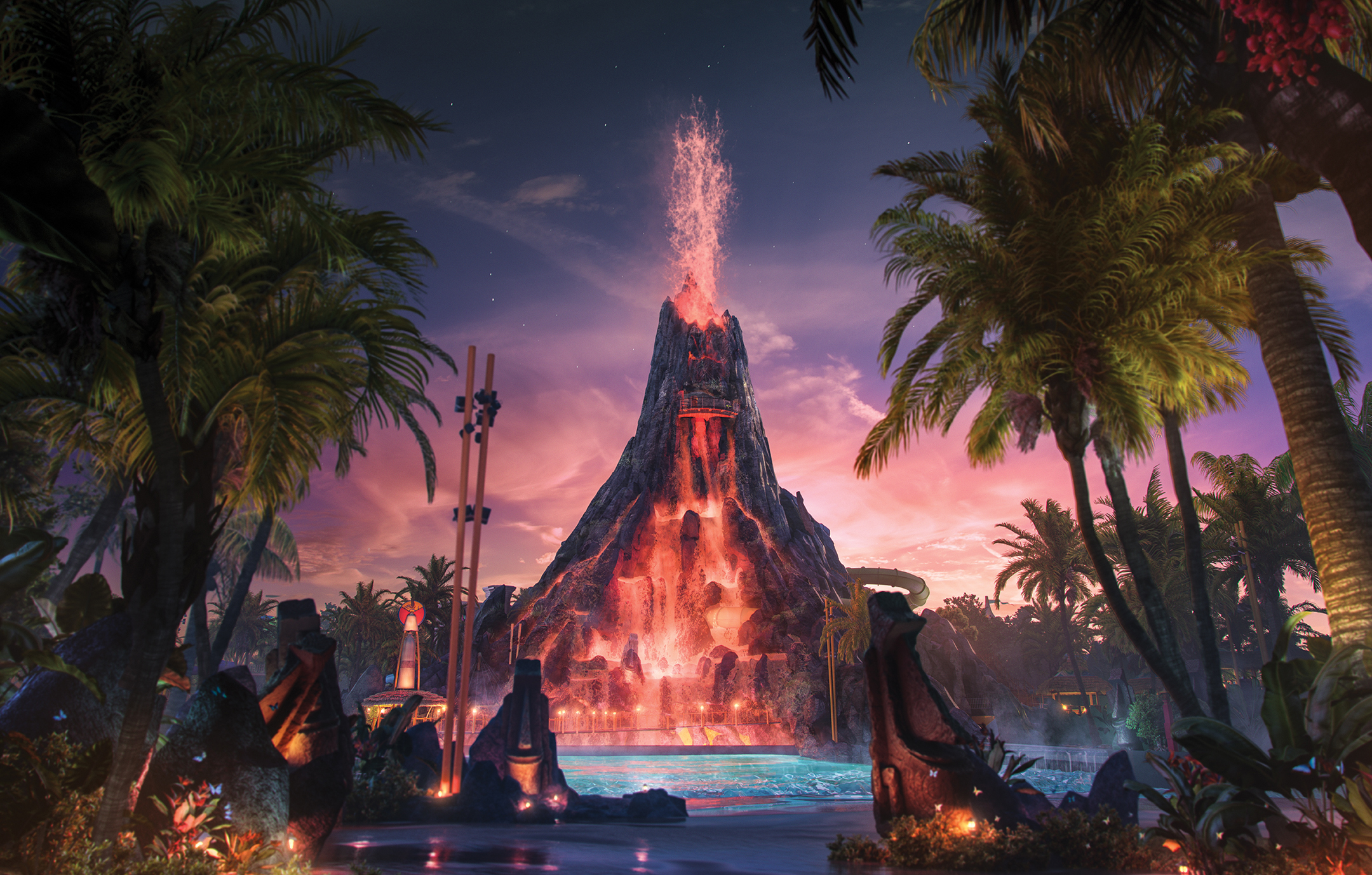 Evening views of Universal's new Volcano Bay, a new waterpark opening summer 2017.