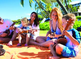 Ukulele lessons at Mauna Kea Beach Hotel on the Big Island, Hawaii.