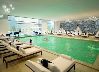 Opposite page: Rendering of the pool at the Club Med Samoens, which will open this December in the French Alps.