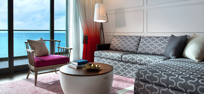 A guestroom at the Kimpton Seafire Resort + Spa in Grand Cayman.