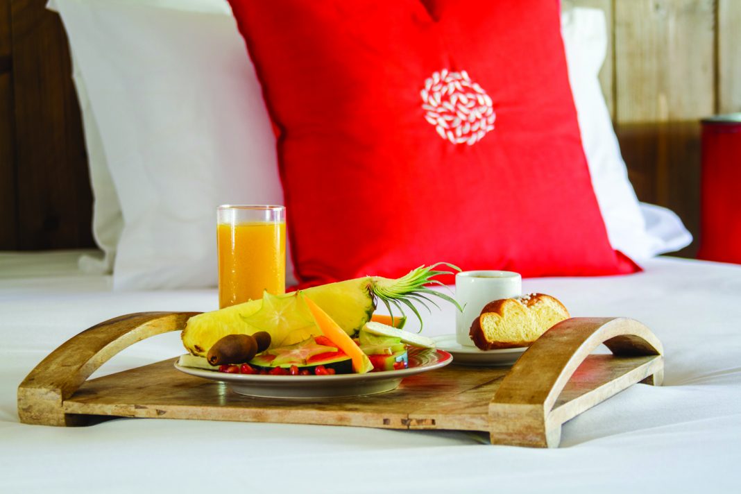 Breakfast in bed at Hotel French Coco in Martinique.