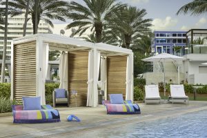 Renovations to the Fontainebleau Miami Beach's cabanas include the addition of sleek custom furniture and Haiku ceiling fans.
