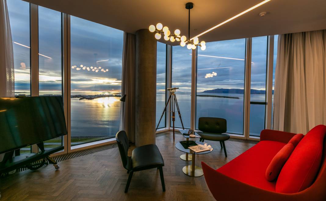A guestroom at the Tower Suites Reykjavik in Iceland.