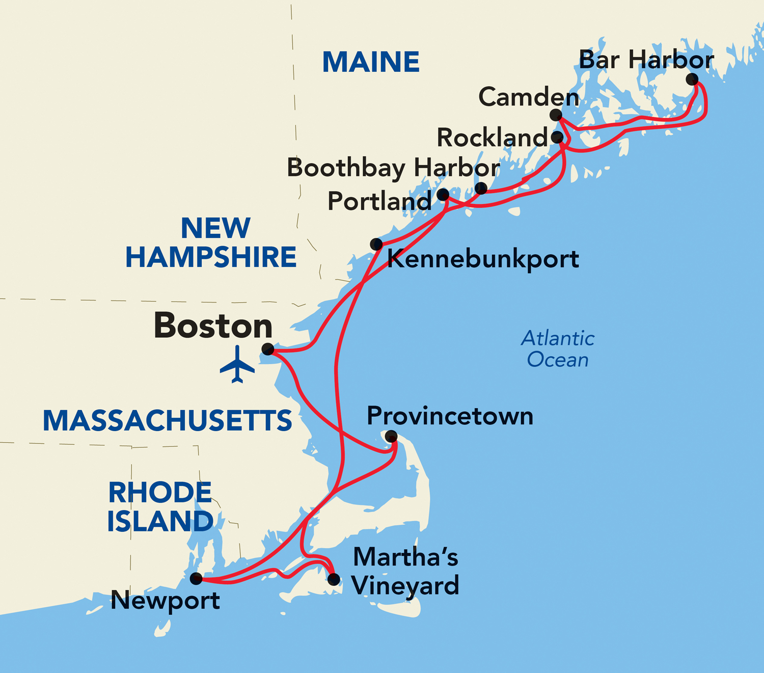 A map of the new Grand New England itinerary route out of Boston.