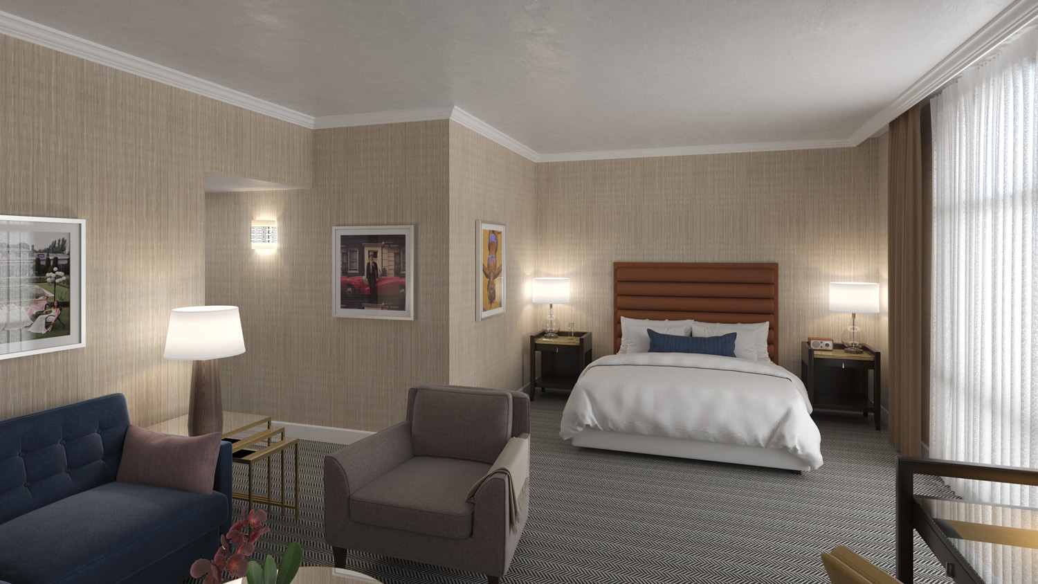 A rendering of a guestroom at Dossier in Portland, Oregon. 