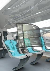 The future by Airbus - Smart Tech Zone: Morphing seats can harvest passenger’s body heat to power aircraft systems such as holographic pop-up pods as shown here in the Airbus Concept Cabin “Smart Tech Zone.” 