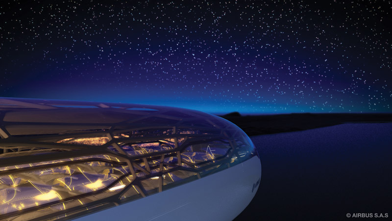 The future by Airbus - Passengers in 2050 can sit back and enjoy the night sky when traveling to destinations due to bionic structure and interactive membrane of the Airbus Concept Cabin.