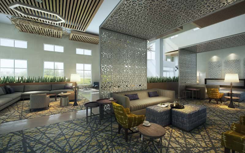 Embassy Suites by Hilton San Antonio Brooks Hotel & Spa lobby. 