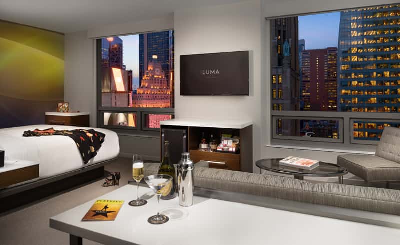 A rendering of a suite at LUMA Hotel Times Square in New York City.