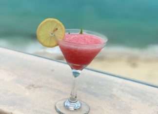 Our welcome cocktail, a watermelon vodka martini—perfect for the tropics.