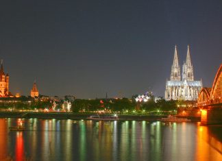 View across the Rhine to its western bank with Cologne Cathedral, Hohenzollern Bridge and Great St. Martin's Church. (German National Tourist Board)