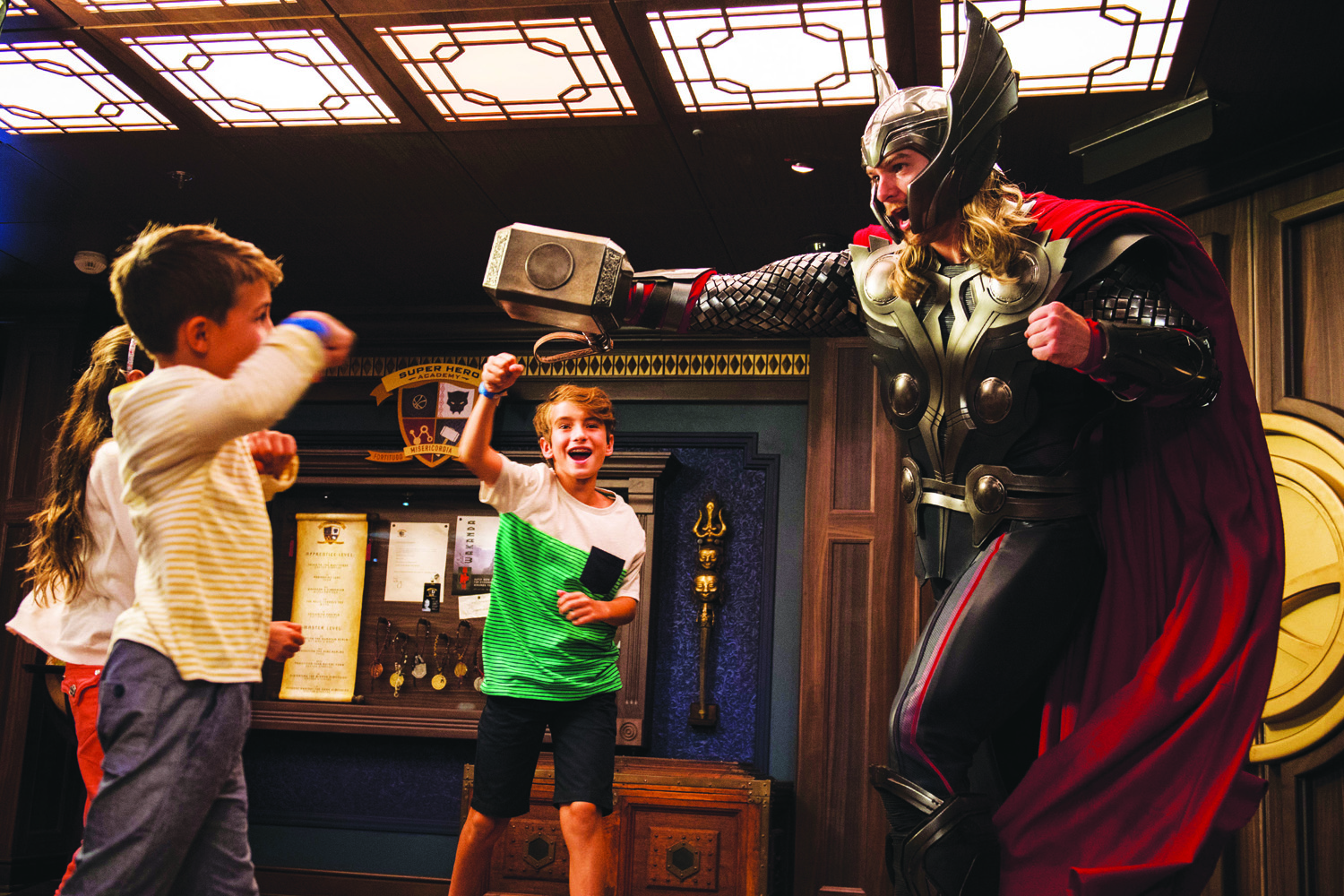 In Disney’s Oceaneer Club aboard the Disney Fantasy, young guests come face-to-face with the mighty Thor to discover what it takes to become a true hero. Children build and decorate their own hammers, similar to Thor’s own Mjolnir and learn how to use them to battle evil forces.