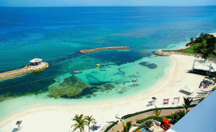 View of the beach (well, part of it) from a room at Jewel Grande Montego Bay Resort & Spa. (Photo Credit: Ed Wetschler)