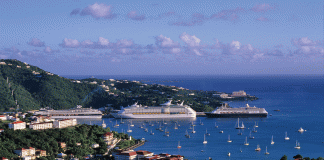 A photo of St. Thomas from before the hurricanes shows several cruise ships in its harbor. (Photo credit: U.S. Virgin Islands Department of Tourism)