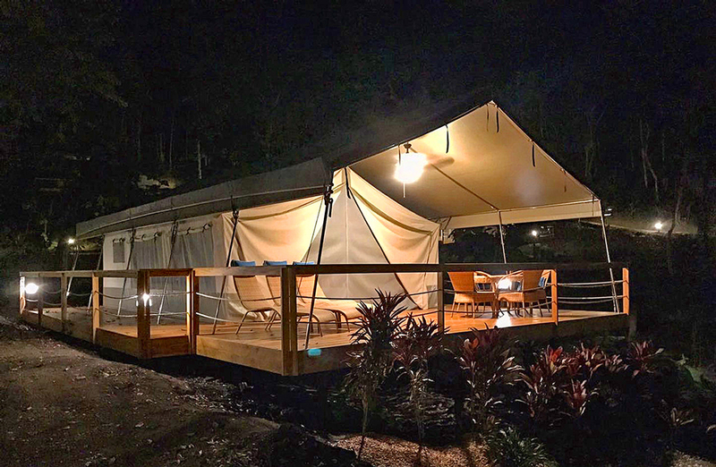 The Isla Chiquita Glamping Resort at night. (Photo credit: Austin Adventures)
