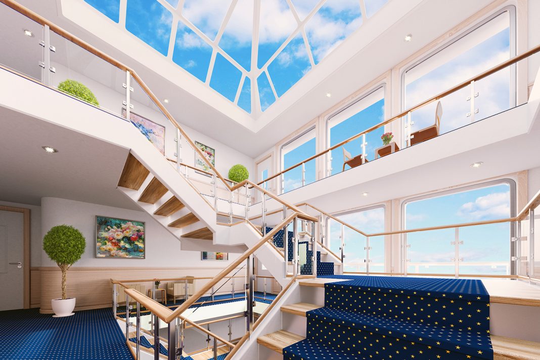 The 4-story glass atrium on aboard American Song will bring the outdoors inside with unobstructed views.
