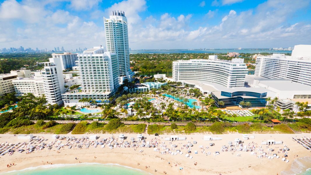 Aerial views of the Fountaine Bleau Miami Beach where couples can enjoy a special Valentine's Day concert and overnight hotel stay.