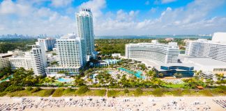 Aerial views of the Fountaine Bleau Miami Beach where couples can enjoy a special Valentine's Day concert and overnight hotel stay.