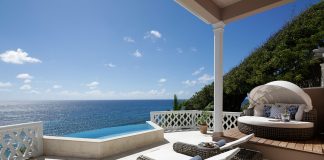 The Terrace Suite patio at the Curtain Bluff offers ocean views.